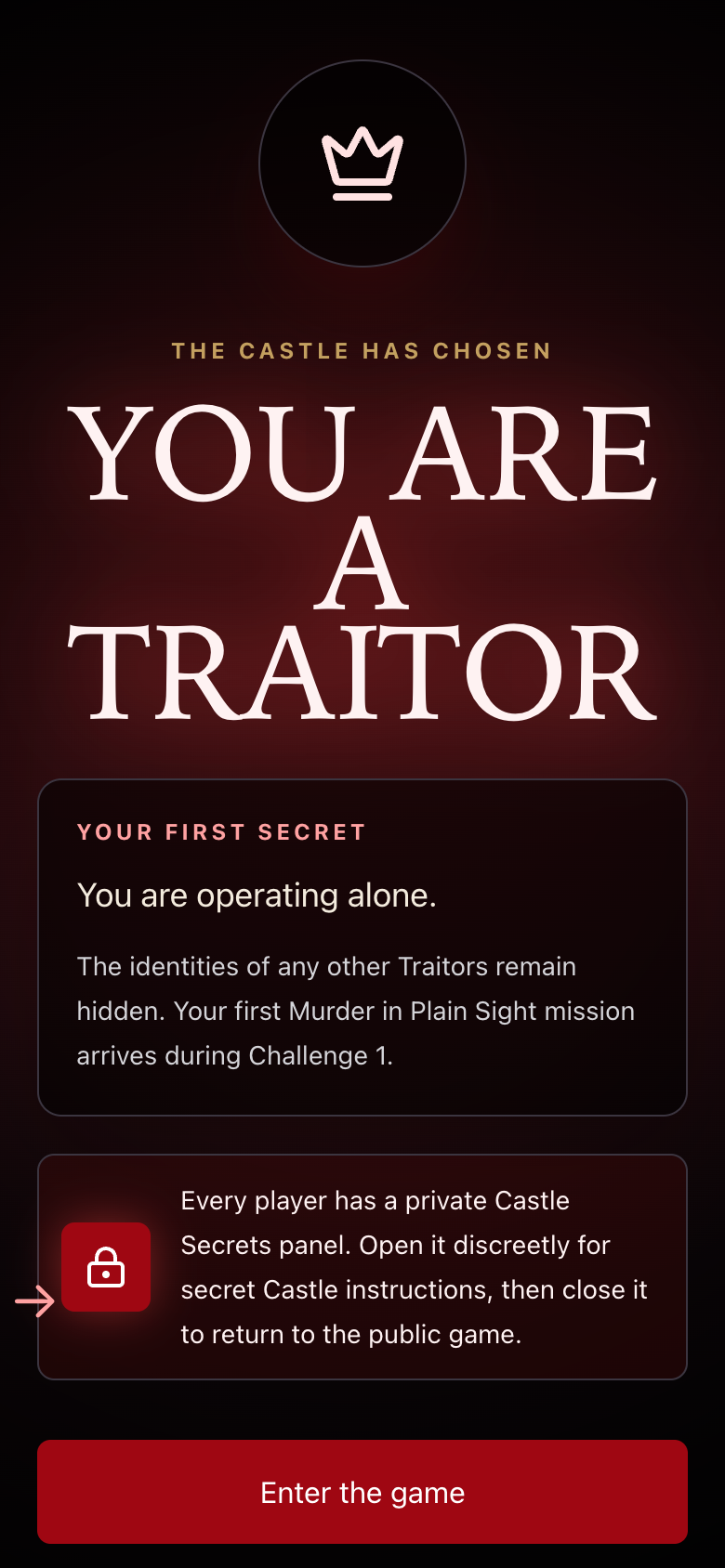 Actual app screen revealing a private traitor role